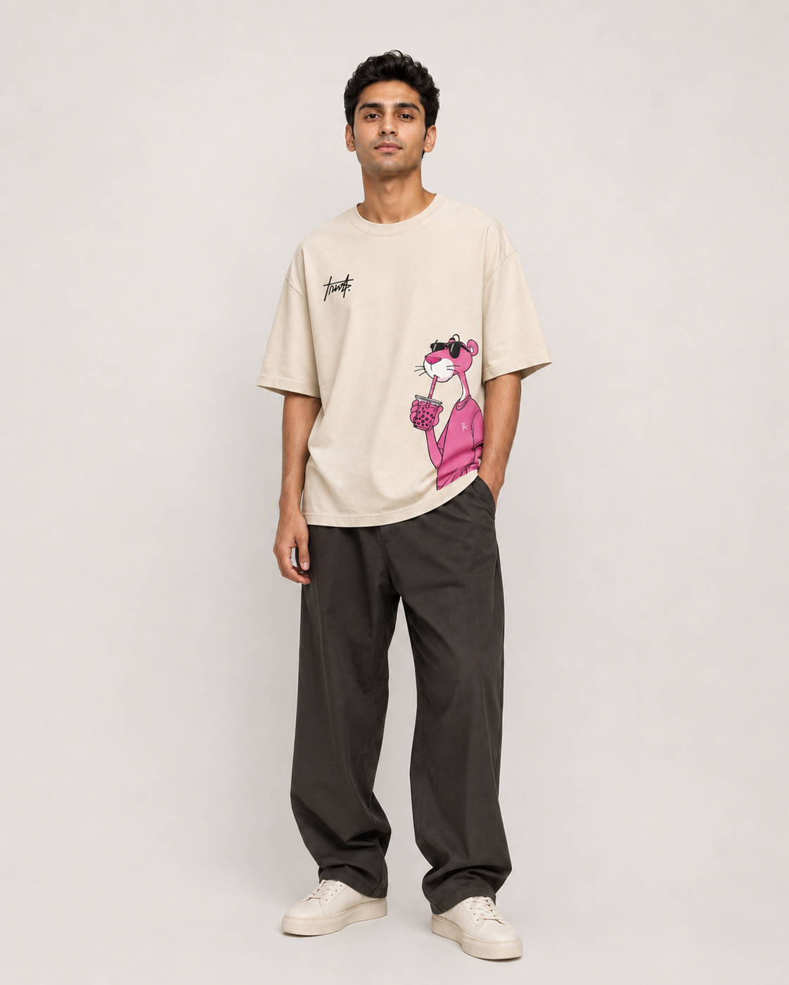 Pink Panther Graphic Oversized T-Shirt – Beige