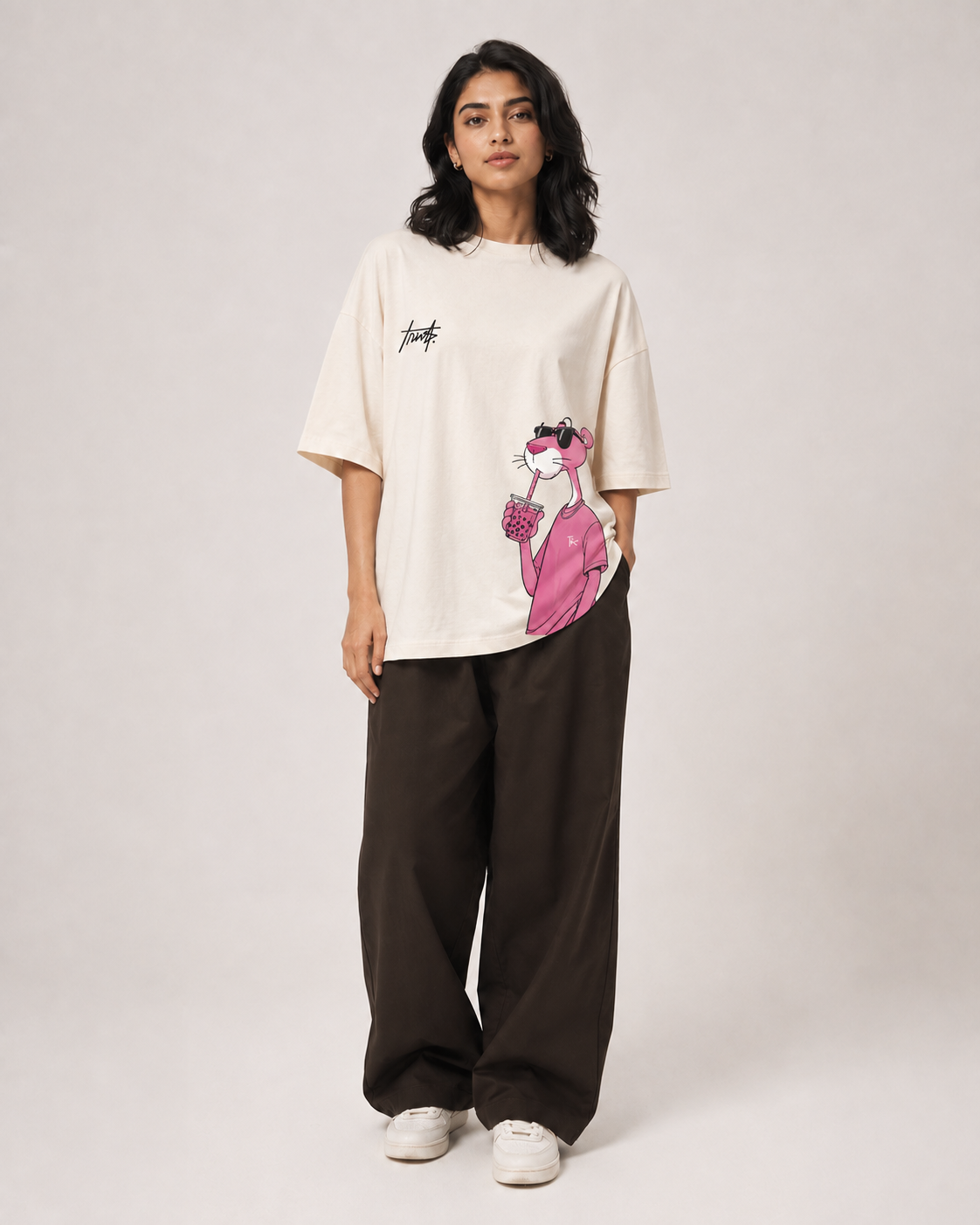 Pink Panther Graphic Oversized T-Shirt – Beige